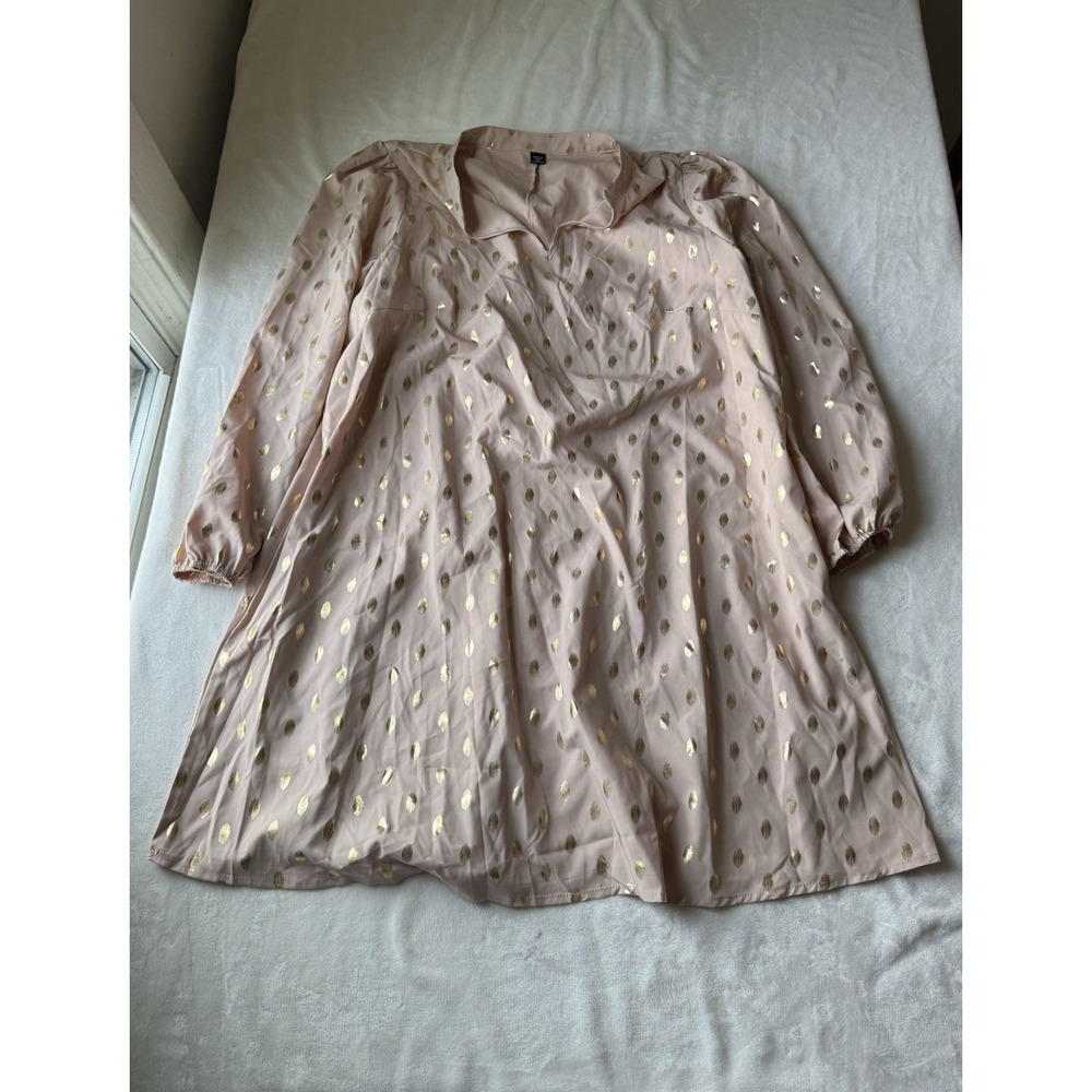 Shein Curve Dress 2XL Tan Gold Foil Polka Dot 3/4 Sleeve V Neck